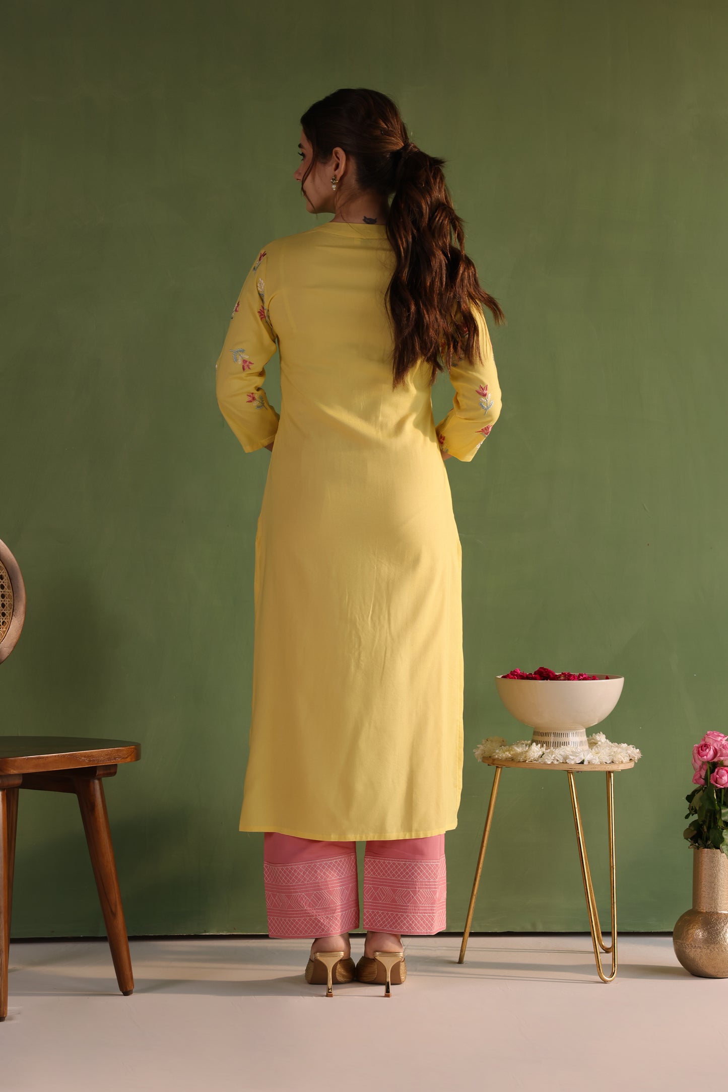 Yellow Floral Embroidery Kurta Set