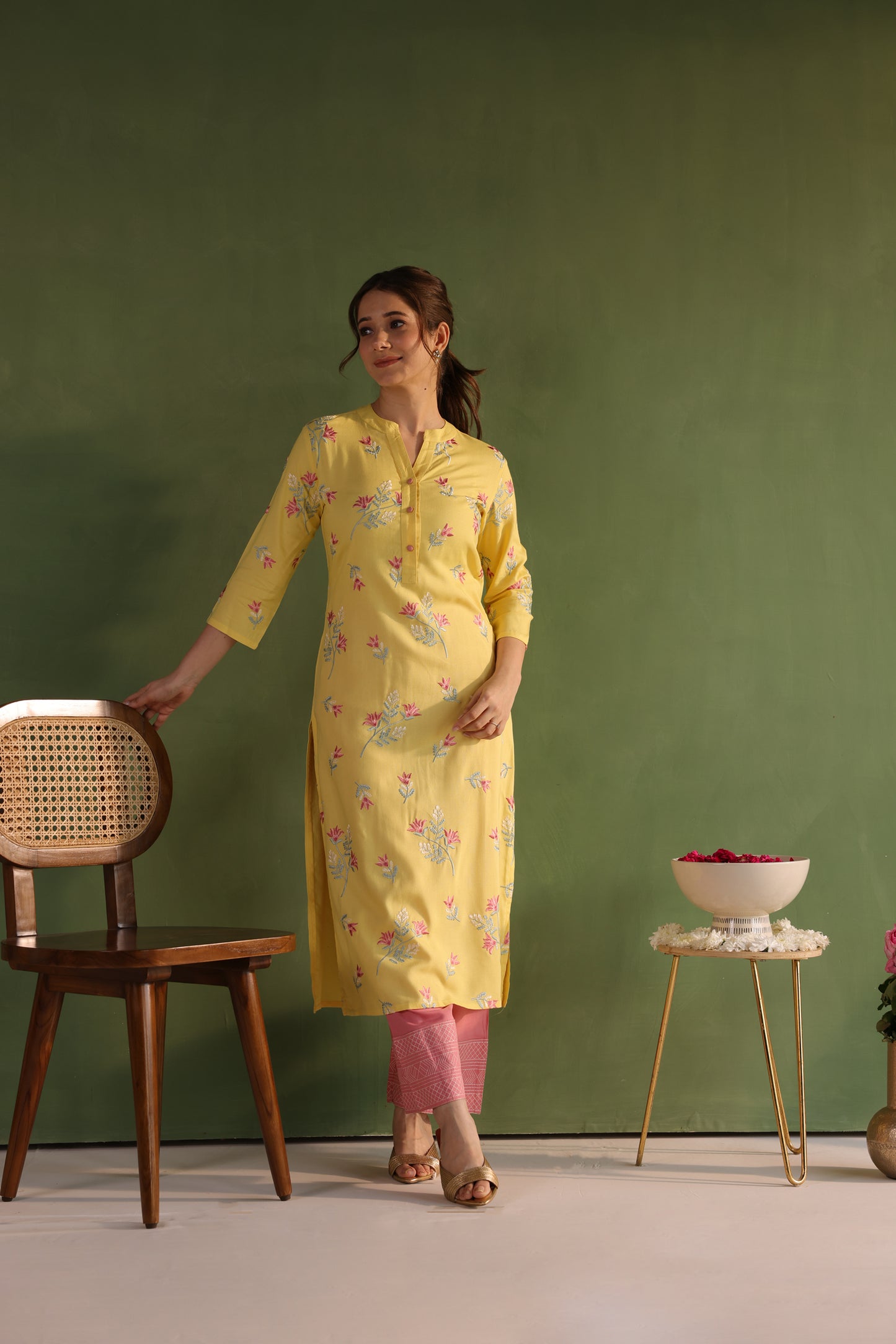 Yellow Floral Embroidery Kurta Set