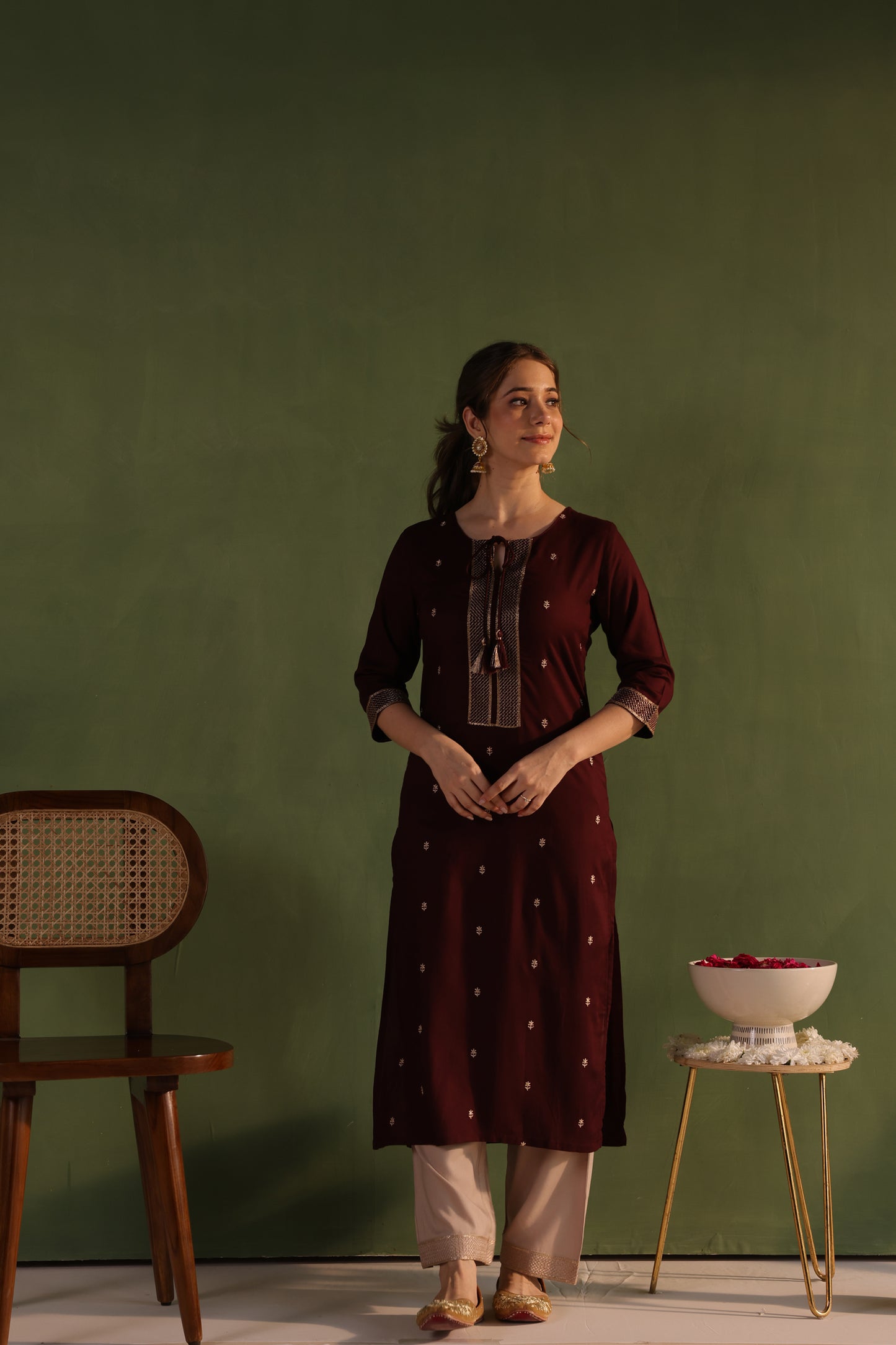 Wine Khaki Embroidered Kurta Set
