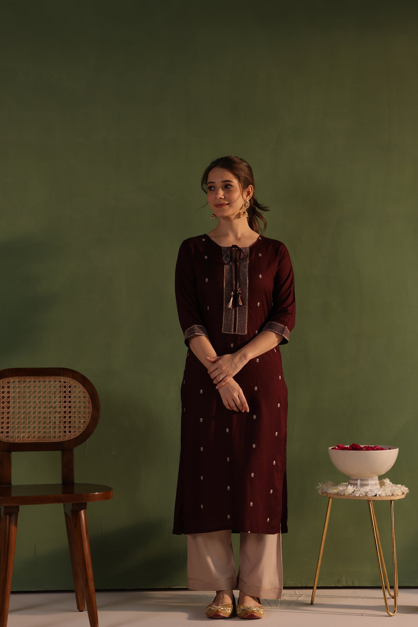 Wine Khaki Embroidered Kurta Set