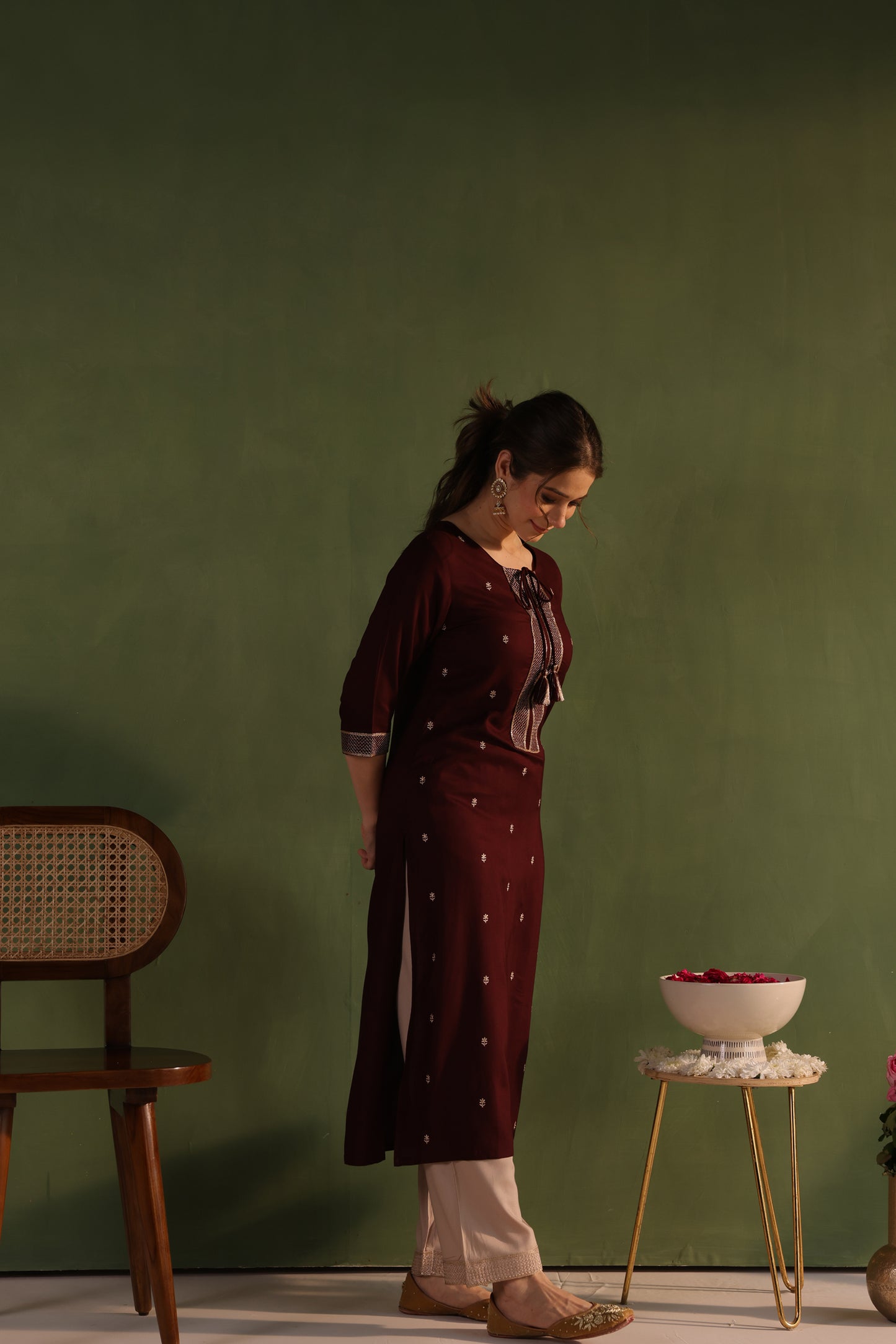 Wine Khaki Embroidered Kurta Set