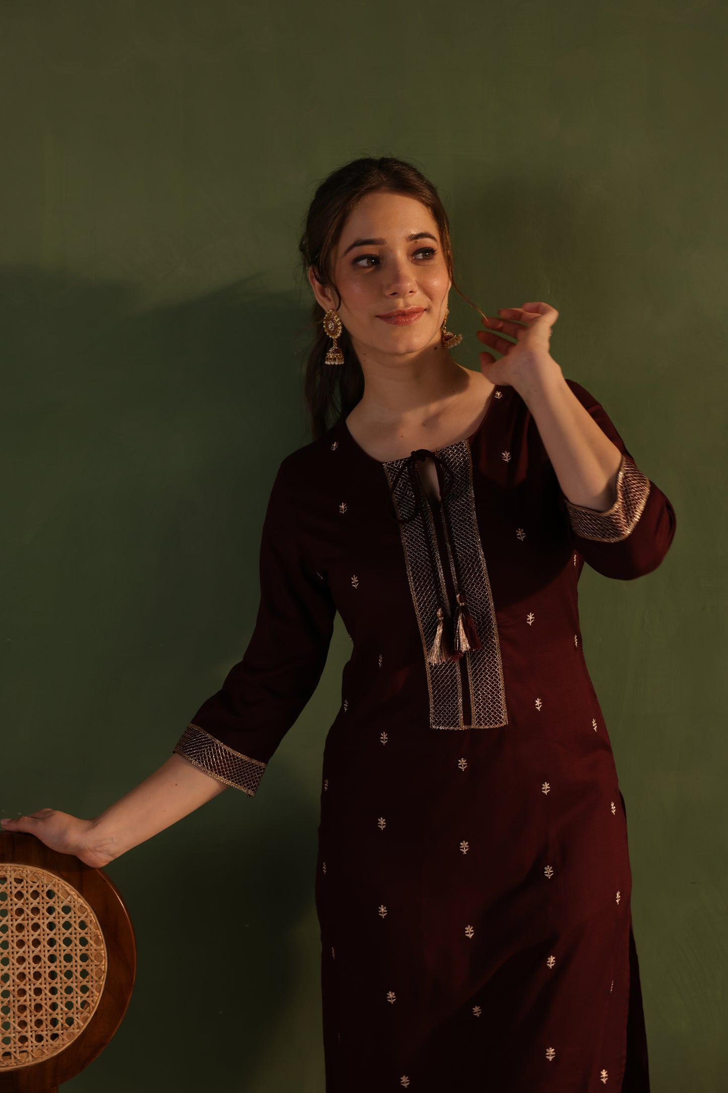Wine Khaki Embroidered Kurta Set