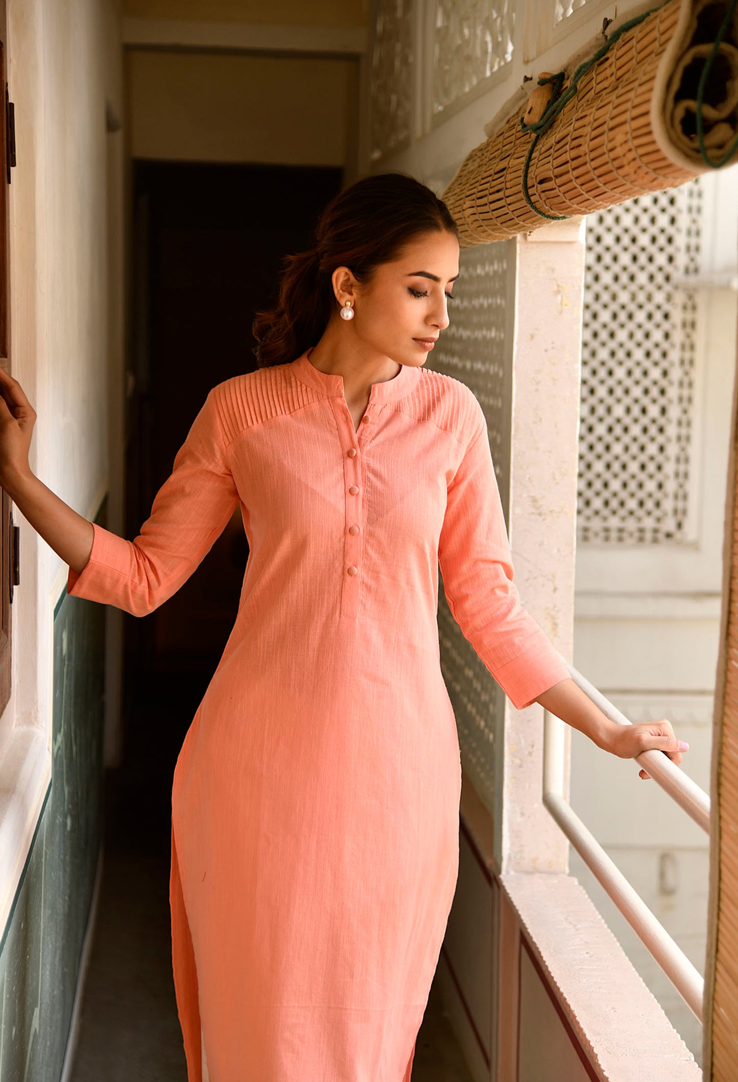 Peach Cotton Straight Fit Kurta Set