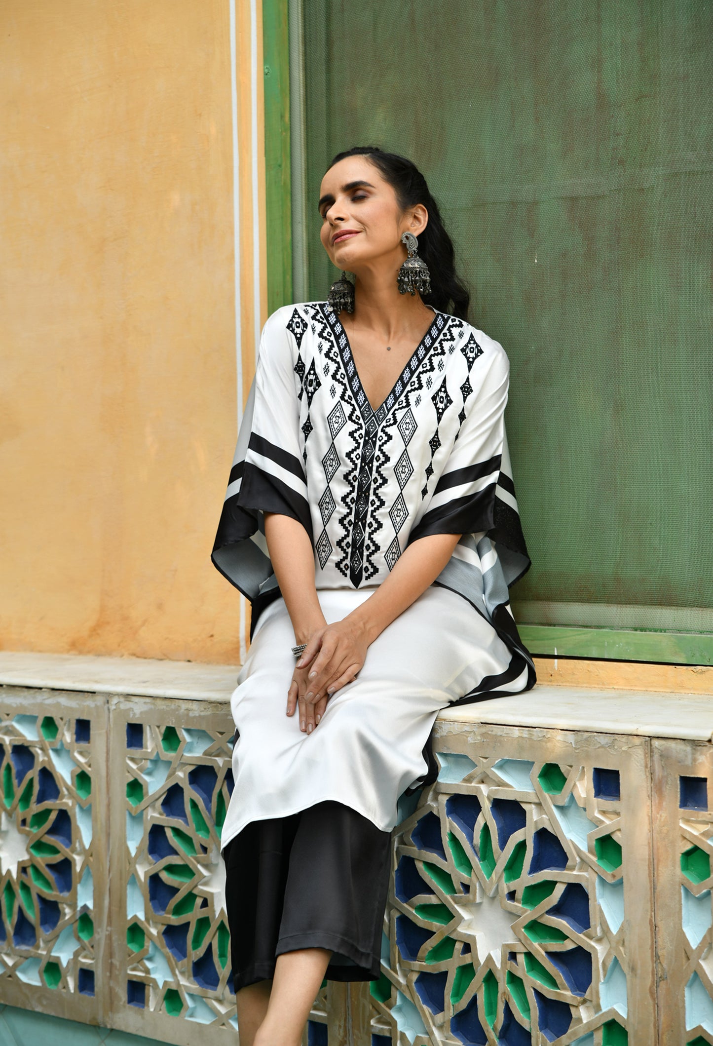 Black & White Embroidered Satin Kaftan Set