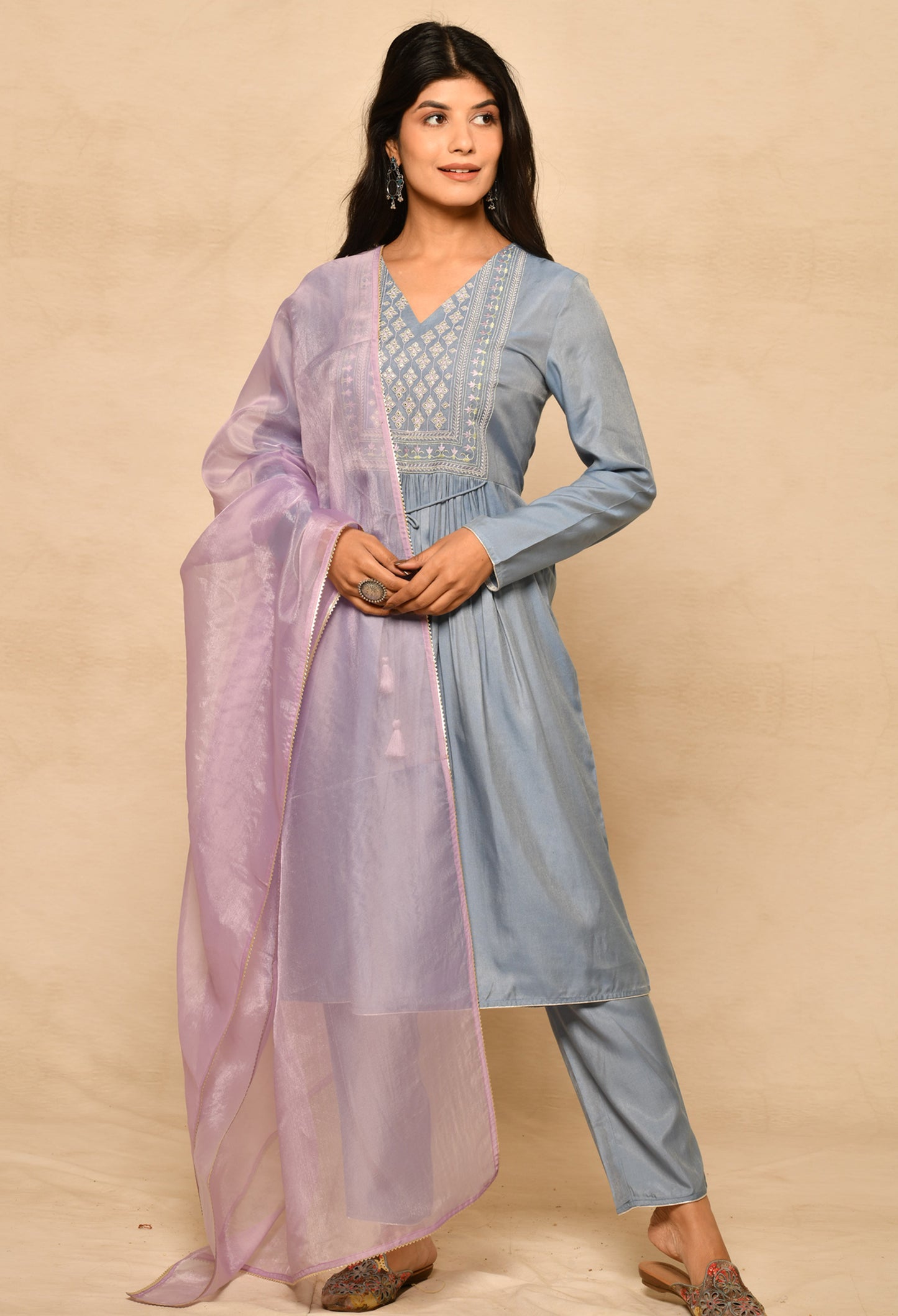 Blue Cotton Silk Gathered Kurta Set With Yoke Embroidery