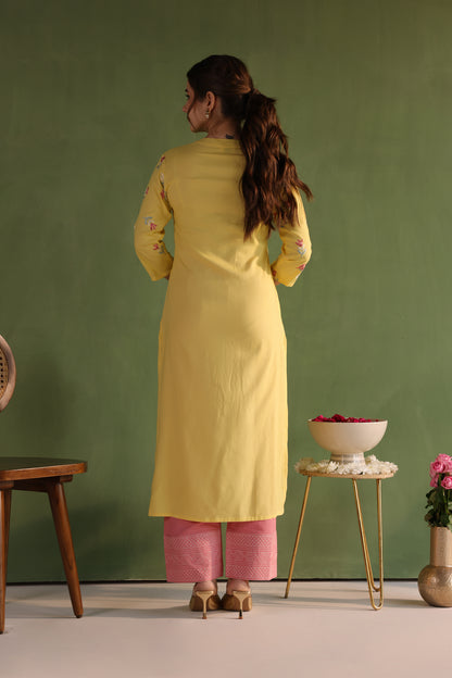 Yellow Floral Embroidery Kurta Set