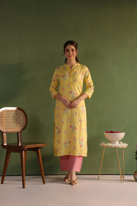 Yellow Floral Embroidery Kurta Set