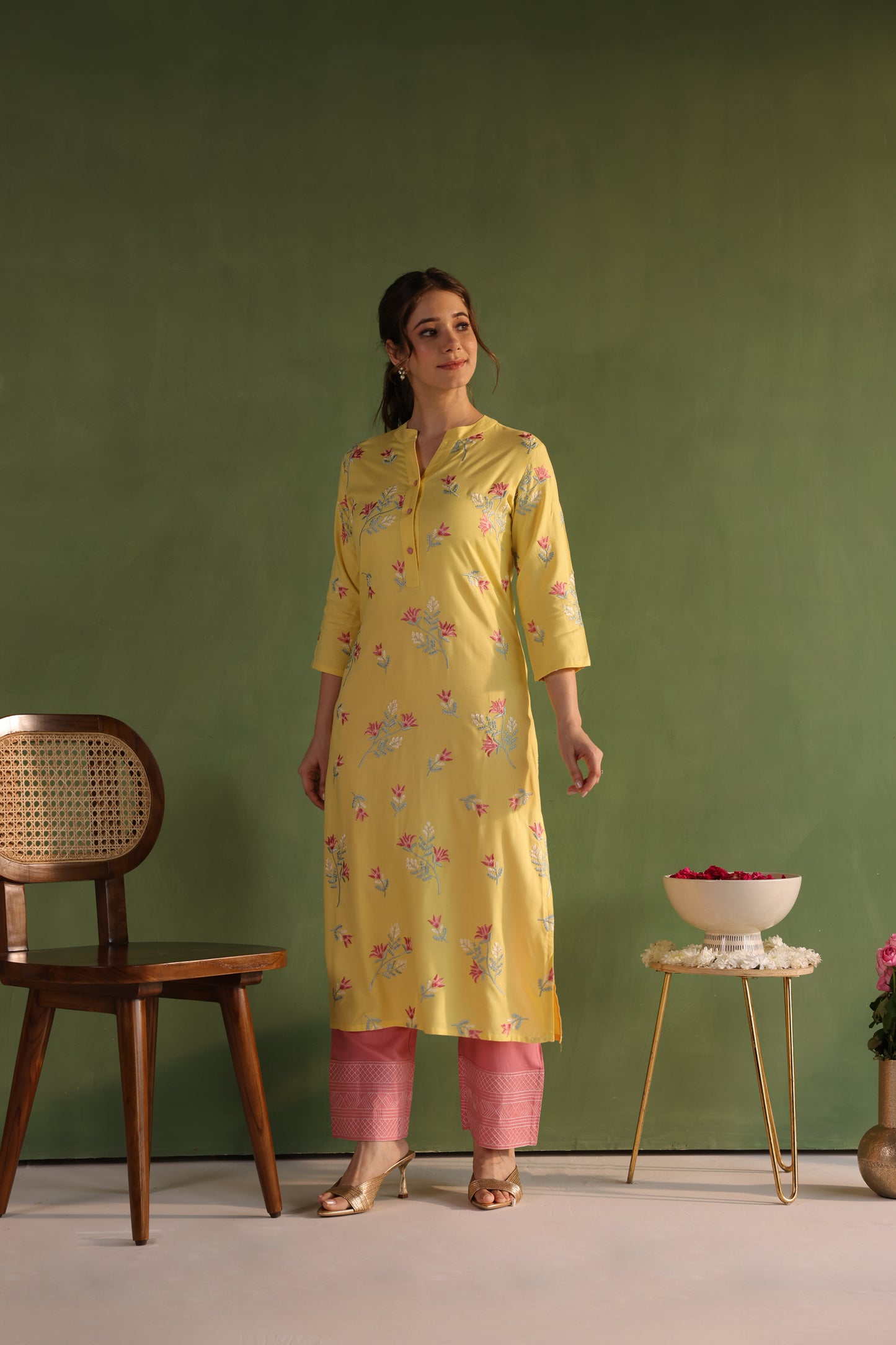 Yellow Floral Embroidery Kurta Set