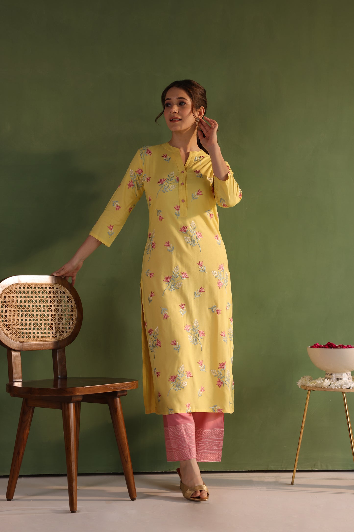 Yellow Floral Embroidery Kurta Set