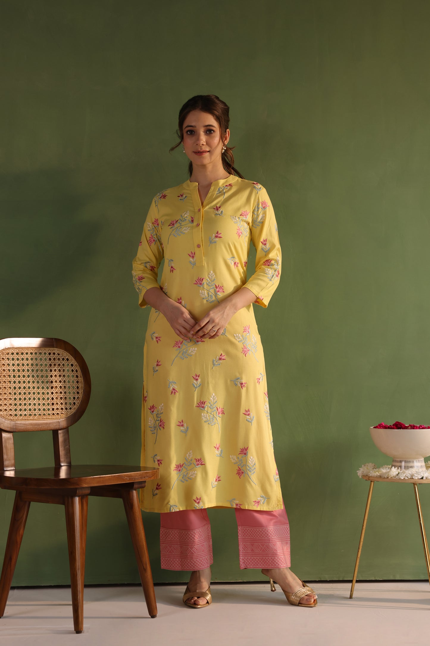 Yellow Floral Embroidery Kurta Set