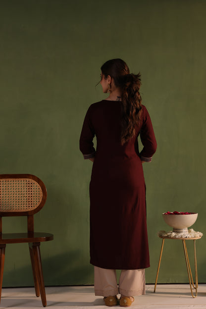 Wine Khaki Embroidered Kurta Set