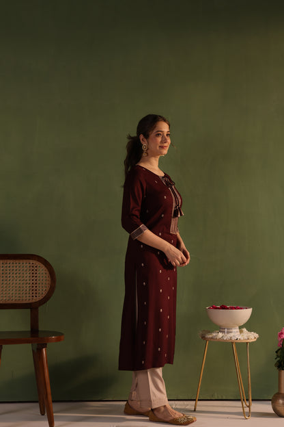 Wine Khaki Embroidered Kurta Set
