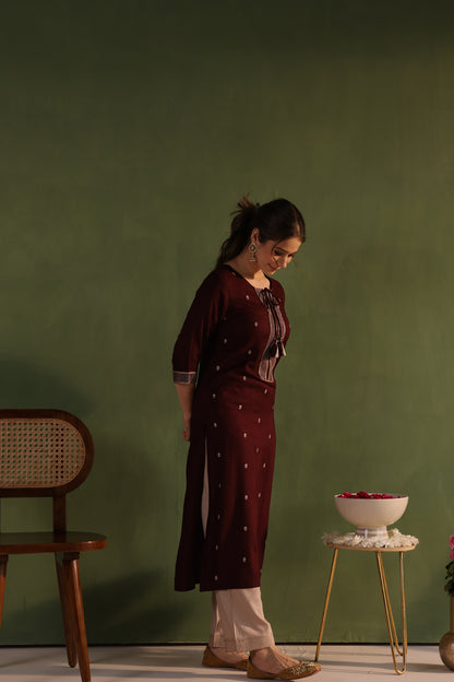 Wine Khaki Embroidered Kurta Set