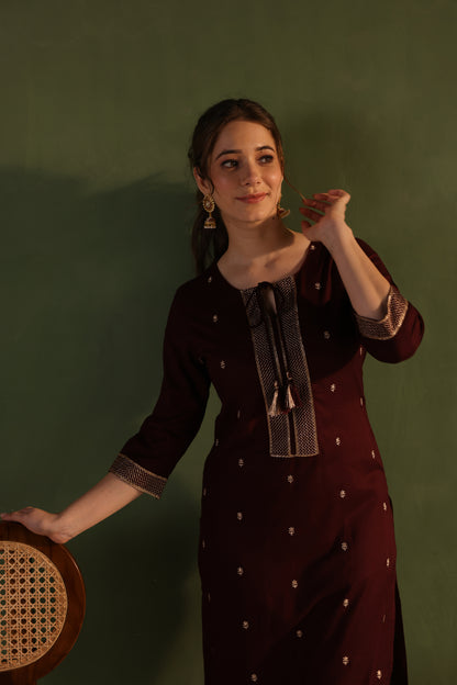 Wine Khaki Embroidered Kurta Set