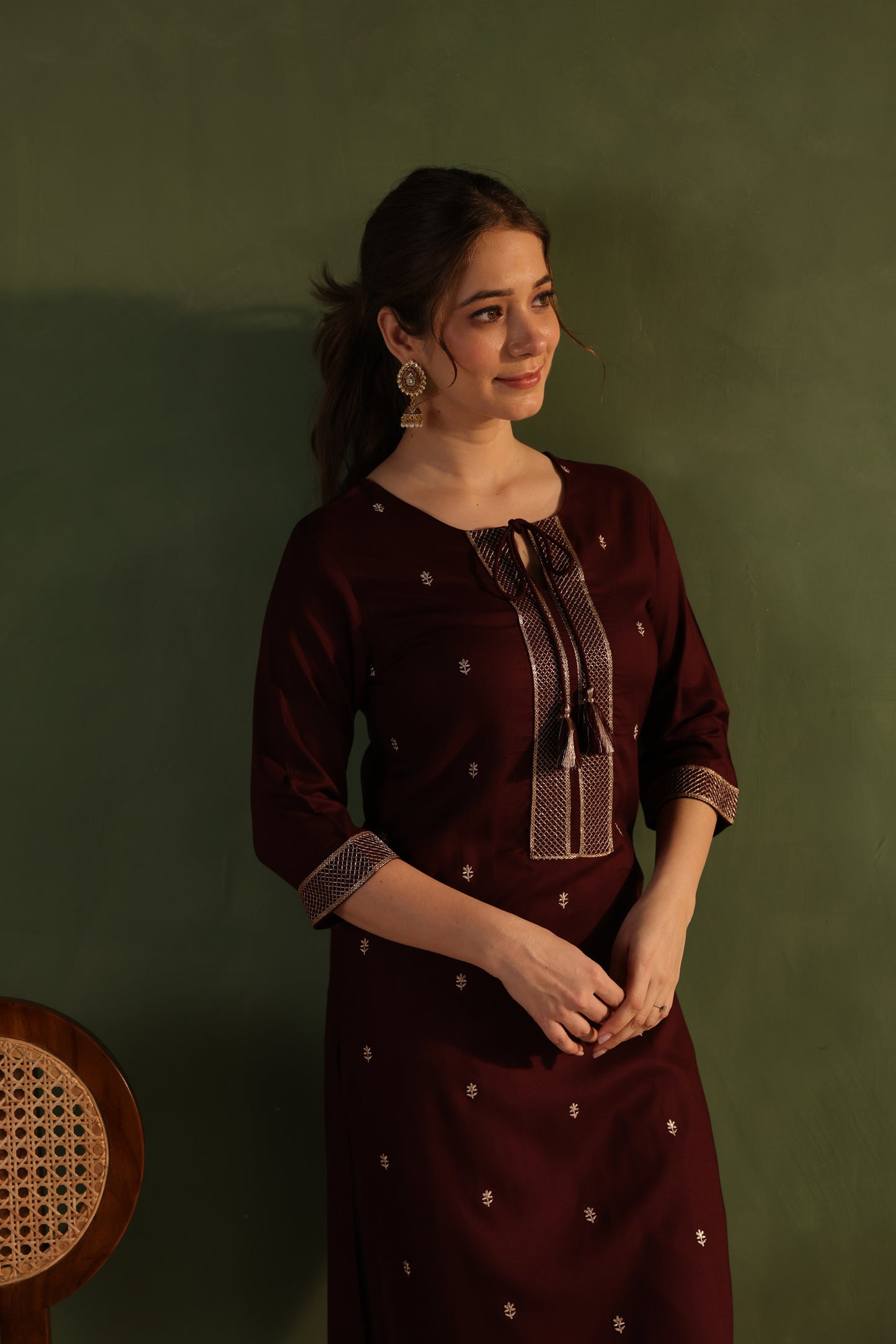 Wine Khaki Embroidered Kurta Set