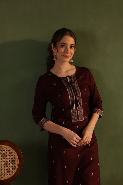 Wine Khaki Embroidered Kurta Set