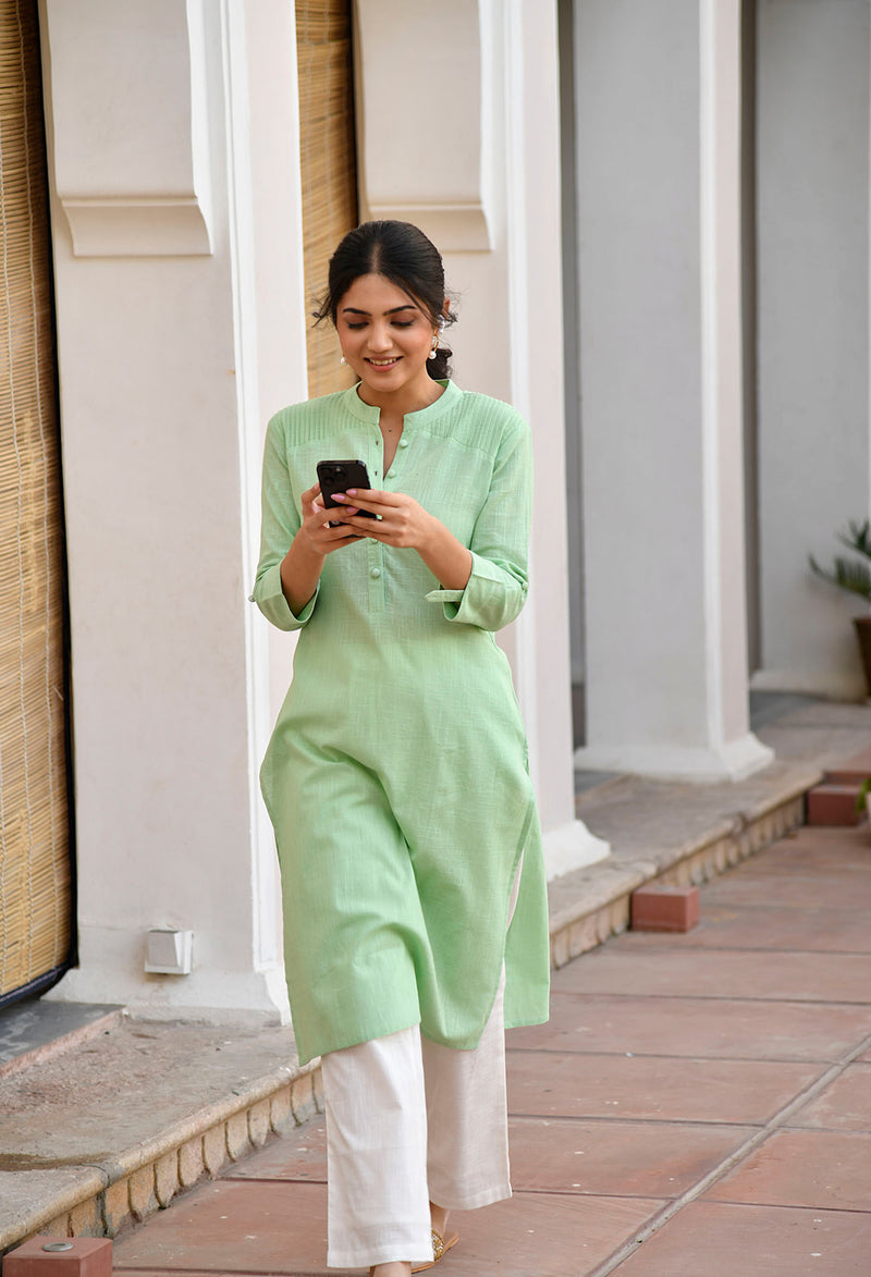 Green Regular Fit Long Cotton Kurta Set