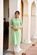 Green Regular Fit Long Cotton Kurta Set