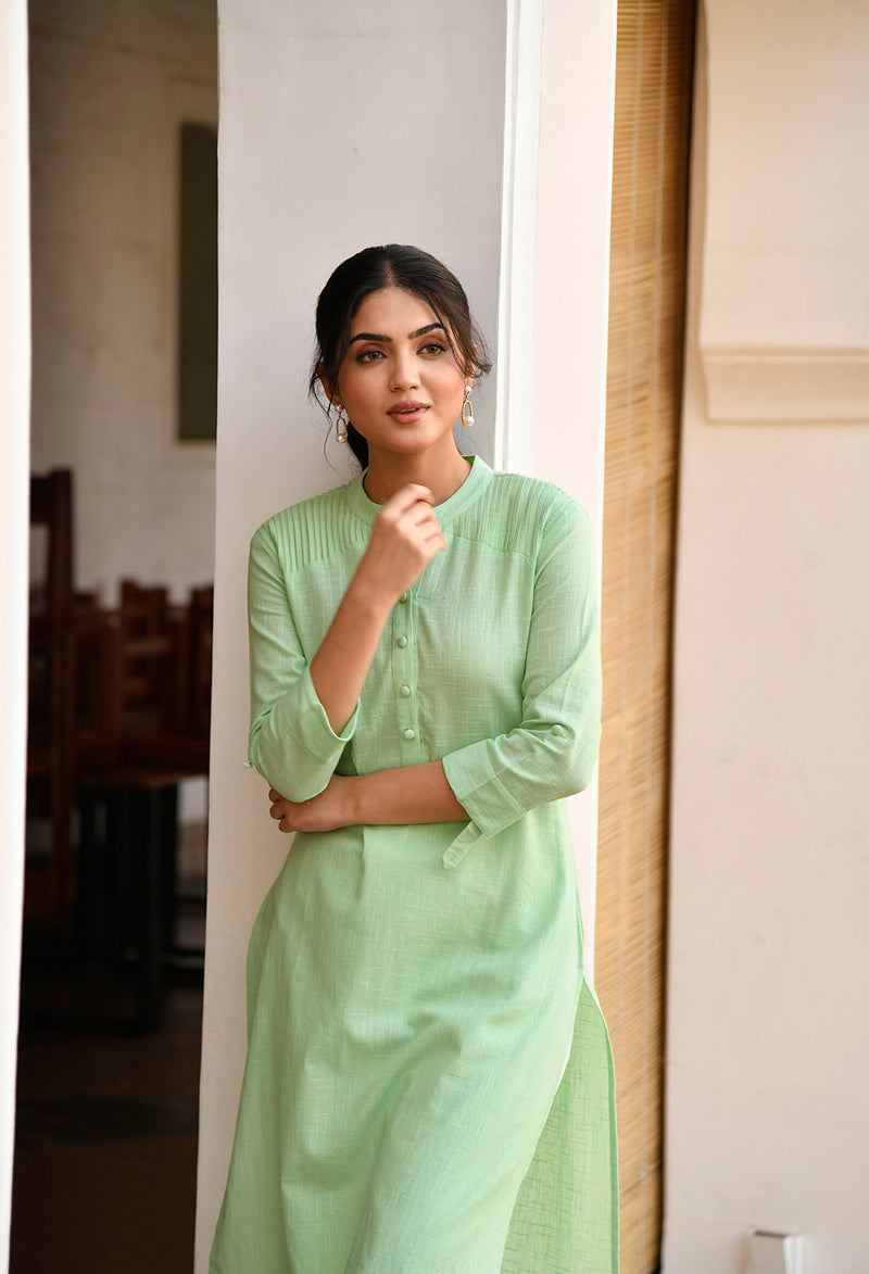 Green Regular Fit Long Cotton Kurta Set