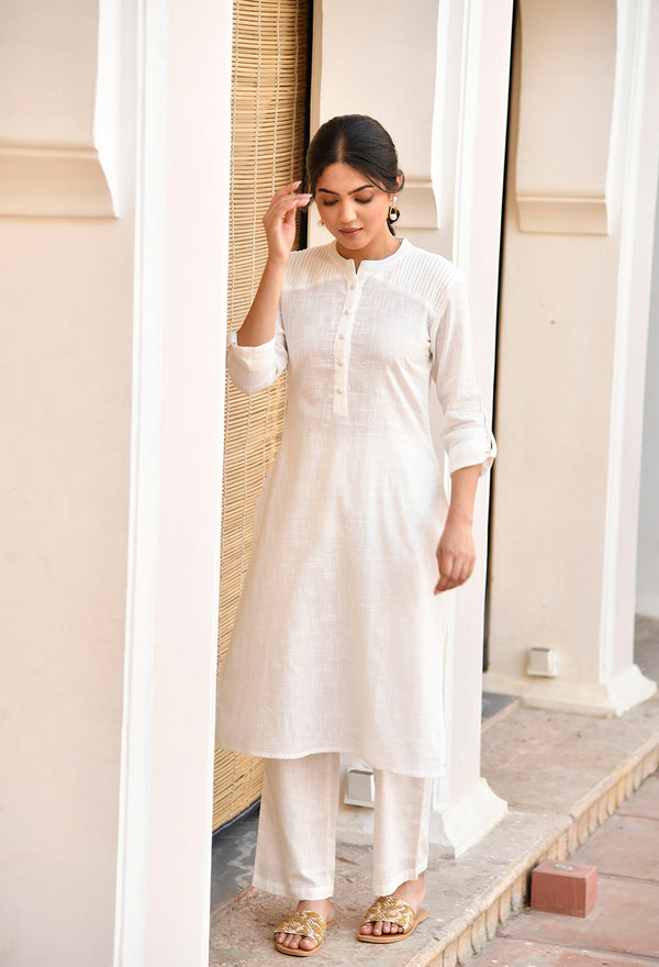 White Cotton Straight Fit Kurta Set