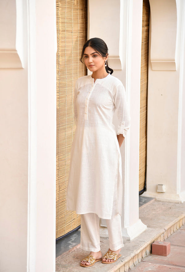 White Cotton Straight Fit Kurta Set