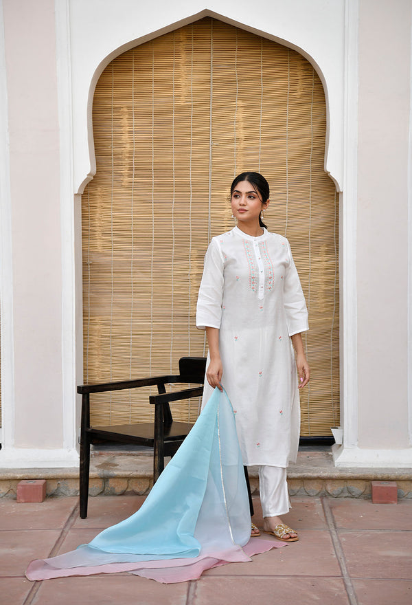 White Pastel Cotton Silk Embroidered Kurta Set