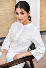 White Pastel Cotton Silk Embroidered Kurta Set