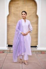 Purple Mandarin Collared Straight Kurta Set With Embroidery