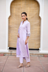 Purple Mandarin Collared Straight Kurta Set With Embroidery