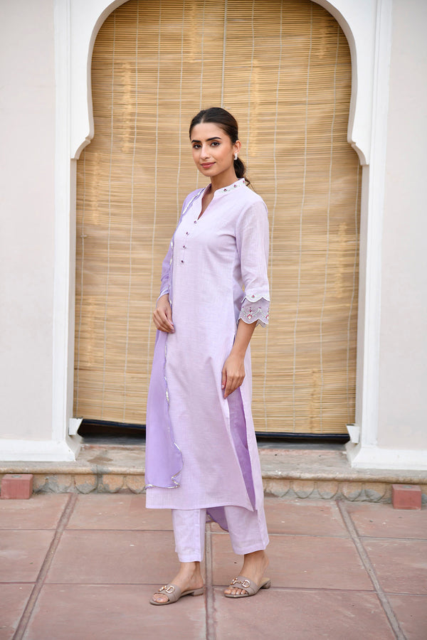 Purple Mandarin Collared Straight Kurta Set With Embroidery