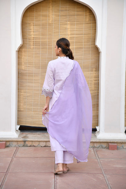 Purple Mandarin Collared Straight Kurta Set With Embroidery