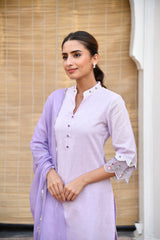 Purple Mandarin Collared Straight Kurta Set With Embroidery