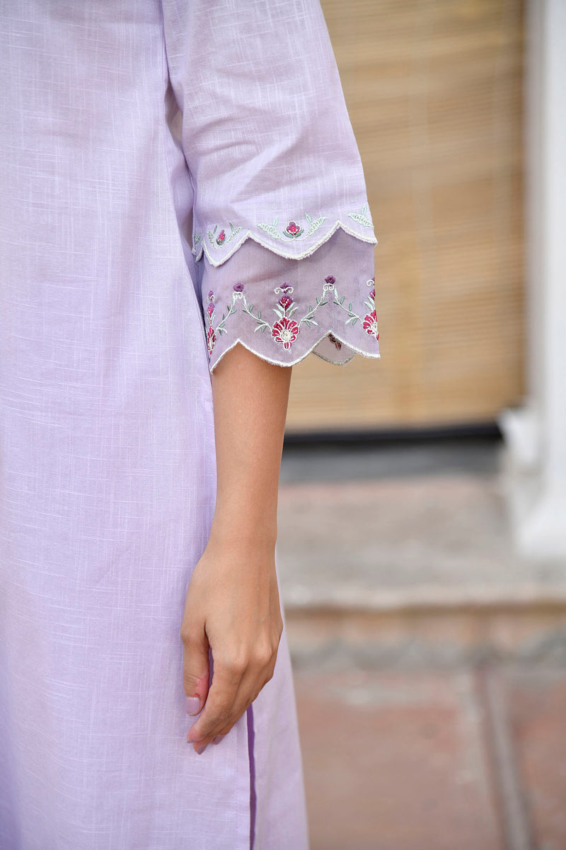 Purple Mandarin Collared Straight Kurta Set With Embroidery