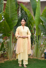 Cotton Yellow Straight Fit Embroidered Collar Kurta Set