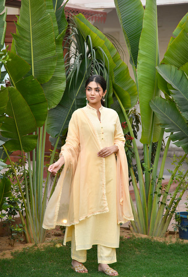 Cotton Yellow Straight Fit Embroidered Collar Kurta Set