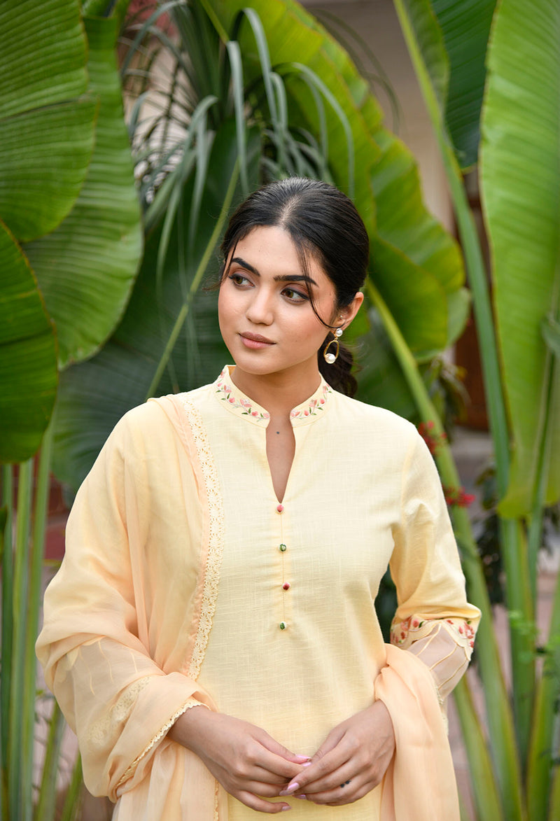 Cotton Yellow Straight Fit Embroidered Collar Kurta Set