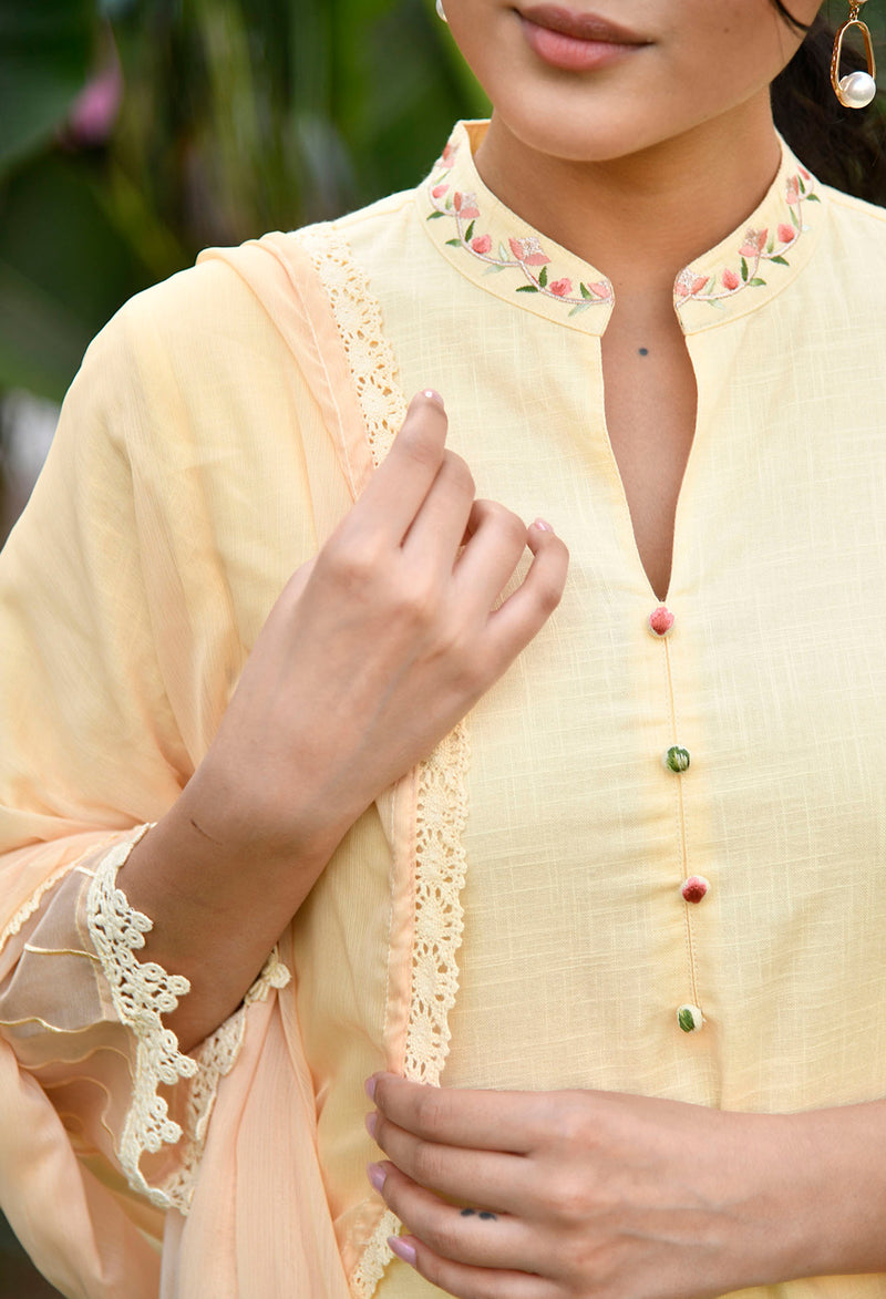 Cotton Yellow Straight Fit Embroidered Collar Kurta Set