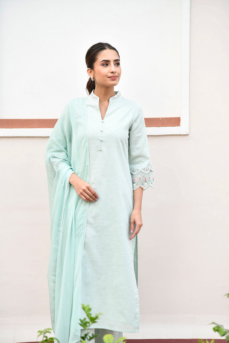 Green Mandarin Collared Straight Embroidered Kurta Set