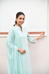 Green Mandarin Collared Straight Embroidered Kurta Set