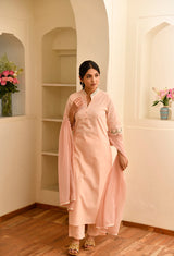 Peach Straight Straight Fit Round Neck Kurta With Yoke Embroidery