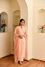 Peach Straight Straight Fit Round Neck Kurta With Yoke Embroidery