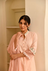 Peach Straight Straight Fit Round Neck Kurta With Yoke Embroidery