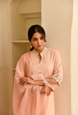 Peach Straight Straight Fit Round Neck Kurta With Yoke Embroidery