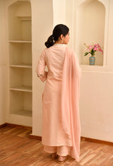 Peach Straight Straight Fit Round Neck Kurta With Yoke Embroidery