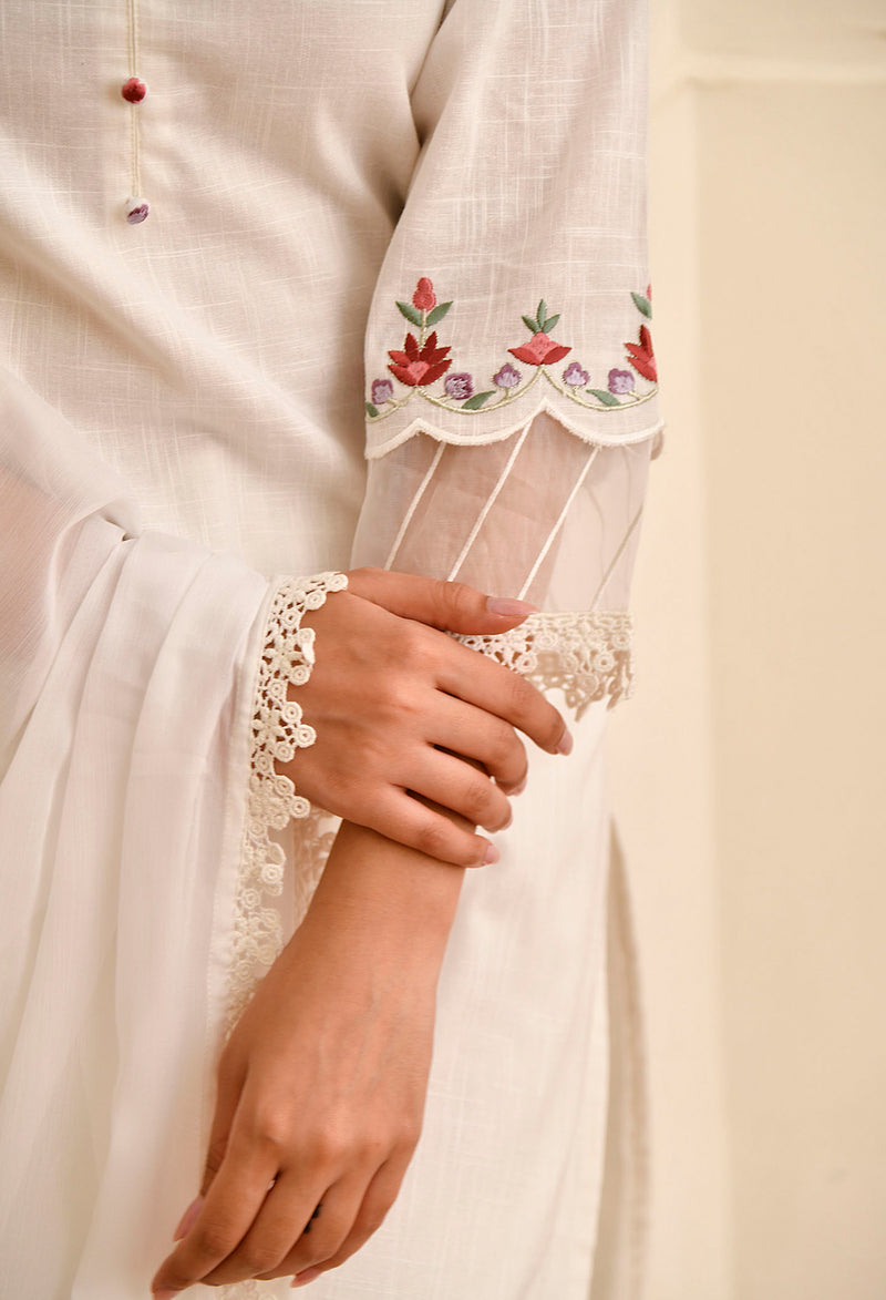 White Straight Fit Embroidered Collar Kurta Set With Organza Detail