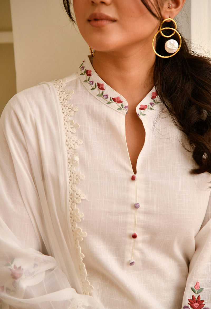 White Straight Fit Embroidered Collar Kurta Set With Organza Detail