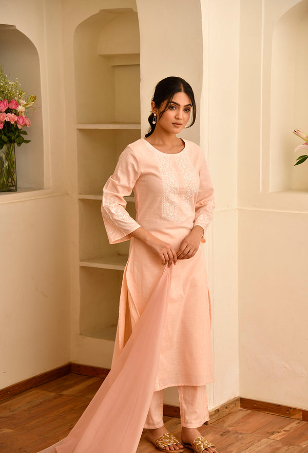 Peach Floral Straight Fit Embroidered Collar Kurta Set