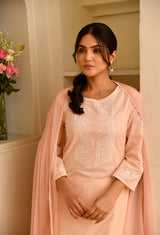 Peach Floral Straight Fit Embroidered Collar Kurta Set