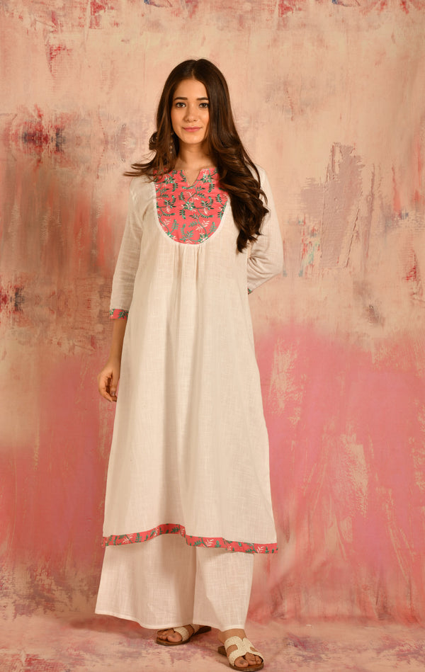 White A-line Cotton Kurta With Embroidered Yoke Details