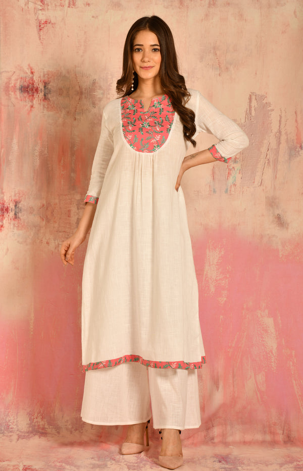 White A-line Cotton Kurta With Embroidered Yoke Details